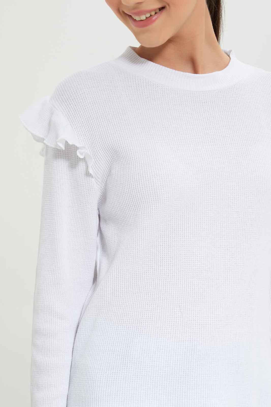 Redtag-Girls-White-Highneck-Ruffled-Sleeve-Waffle-Top-Category:T-Shirts,-Colour:White,-Deals:New-In,-Dept:Girls,-Filter:Senior-Girls-(8-to-14-Yrs),-GSR-T-Shirts,-New-In-GSR-APL,-Non-Sale,-S23A,-Section:Girls-(0-to-14Yrs)-Senior-Girls-9 to 14 Years