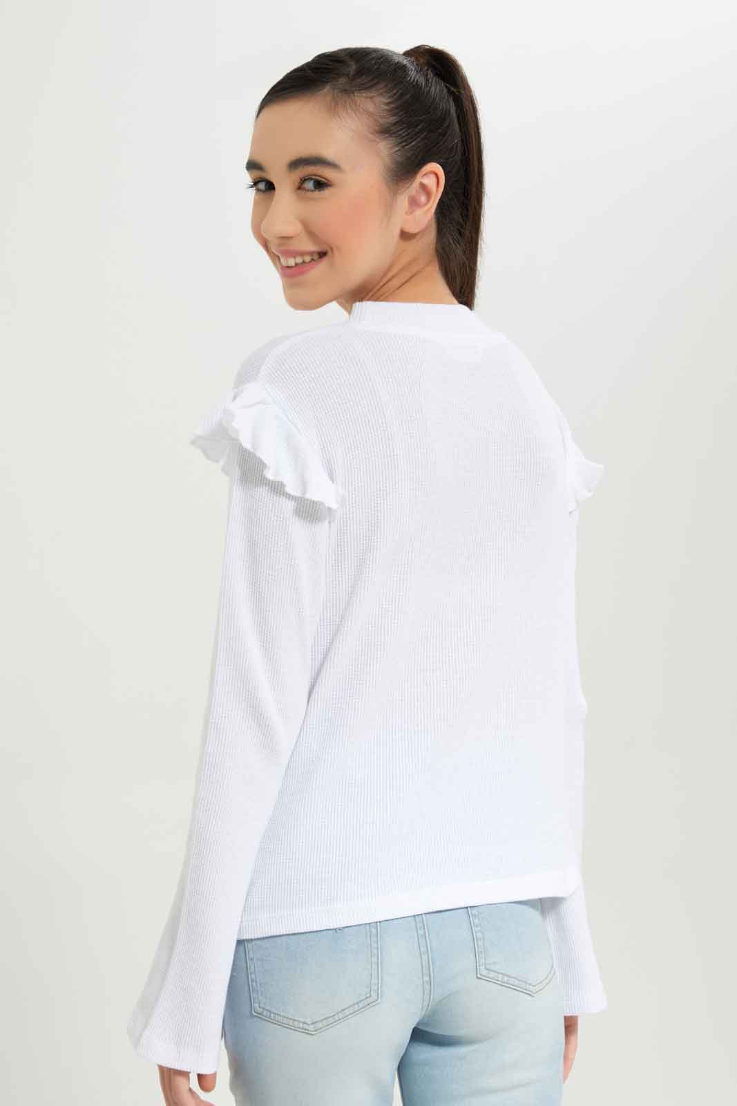 Redtag-Girls-White-Highneck-Ruffled-Sleeve-Waffle-Top-Category:T-Shirts,-Colour:White,-Deals:New-In,-Dept:Girls,-Filter:Senior-Girls-(8-to-14-Yrs),-GSR-T-Shirts,-New-In-GSR-APL,-Non-Sale,-S23A,-Section:Girls-(0-to-14Yrs)-Senior-Girls-9 to 14 Years