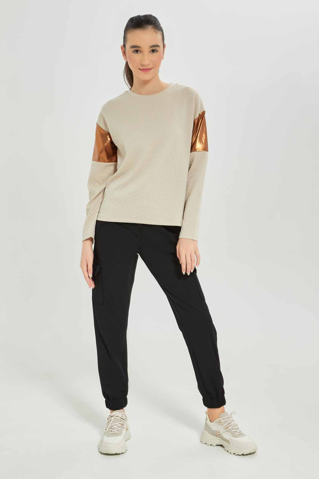 Redtag-Girls-Beige-Jacquard-Top-Category:T-Shirts,-Colour:Beige,-Deals:New-In,-Dept:Girls,-Filter:Senior-Girls-(8-to-14-Yrs),-GSR-T-Shirts,-New-In-GSR-APL,-Non-Sale,-S23A,-Section:Girls-(0-to-14Yrs)-Senior-Girls-9 to 14 Years