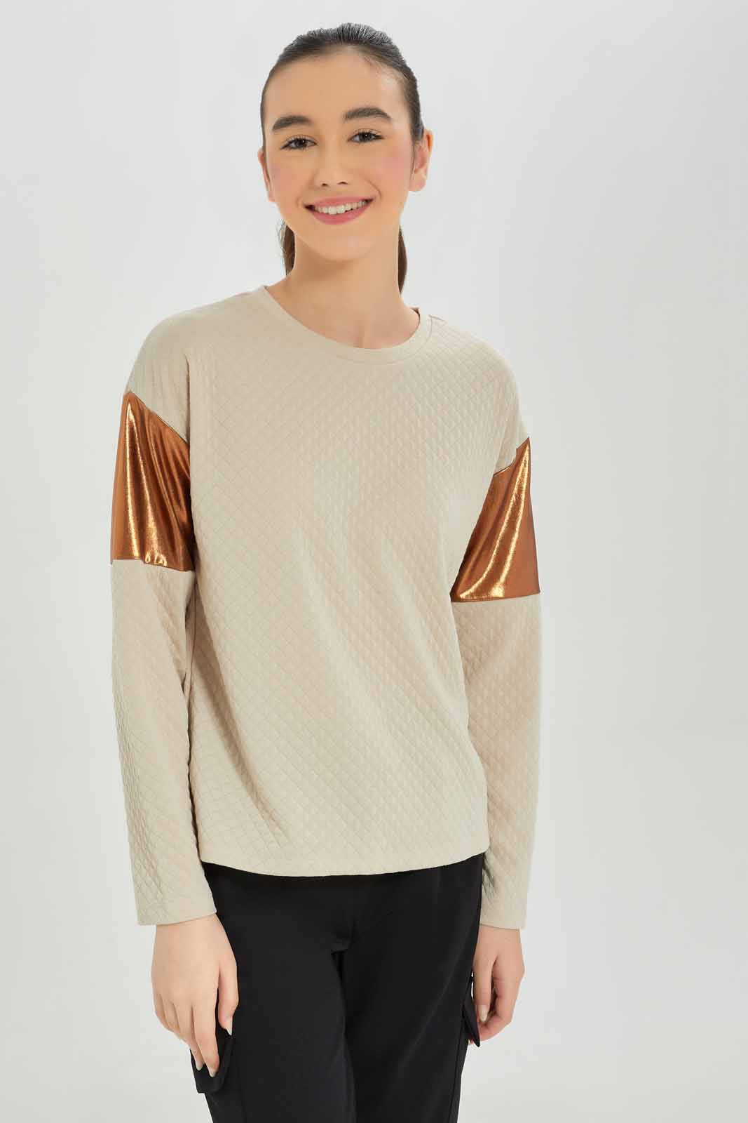 Redtag-Girls-Beige-Jacquard-Top-Category:T-Shirts,-Colour:Beige,-Deals:New-In,-Dept:Girls,-Filter:Senior-Girls-(8-to-14-Yrs),-GSR-T-Shirts,-New-In-GSR-APL,-Non-Sale,-S23A,-Section:Girls-(0-to-14Yrs)-Senior-Girls-9 to 14 Years