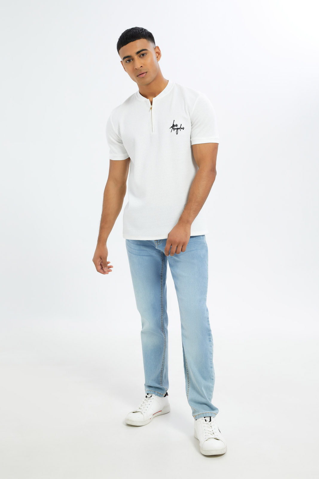 Redtag-Men-White-Half-Zip-Logo-T-Shirt-Category:T-Shirts,-Colour:White,-Deals:New-In,-Dept:Menswear,-Filter:Men's-Clothing,-H1:MWR,-H2:GEN,-H3:TSH,-H4:TSH,-Men-T-Shirts,-New-In-Men-APL,-Non-Sale,-RMD,-S23C,-Season:S23C,-Section:Men-Men's-