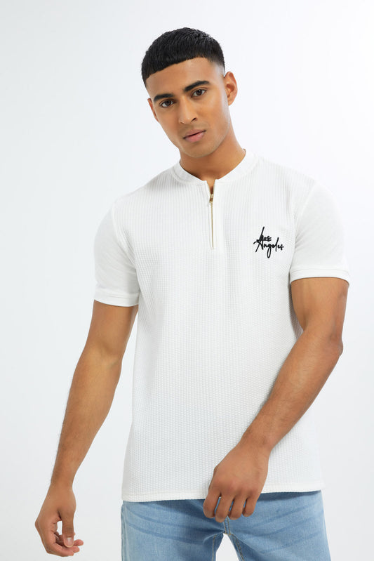 Redtag-Men-White-Half-Zip-Logo-T-Shirt-Category:T-Shirts,-Colour:White,-Deals:New-In,-Dept:Menswear,-Filter:Men's-Clothing,-H1:MWR,-H2:GEN,-H3:TSH,-H4:TSH,-Men-T-Shirts,-New-In-Men-APL,-Non-Sale,-RMD,-S23C,-Season:S23C,-Section:Men-Men's-