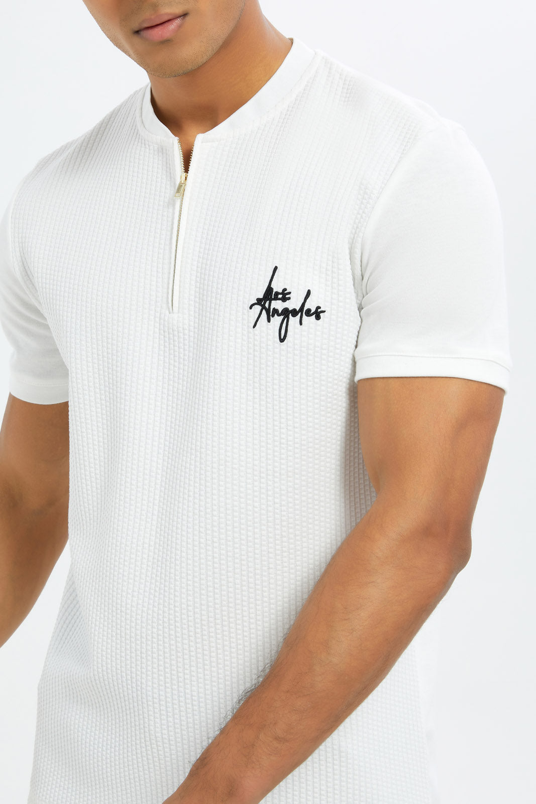 Redtag-Men-White-Half-Zip-Logo-T-Shirt-Category:T-Shirts,-Colour:White,-Deals:New-In,-Dept:Menswear,-Filter:Men's-Clothing,-H1:MWR,-H2:GEN,-H3:TSH,-H4:TSH,-Men-T-Shirts,-New-In-Men-APL,-Non-Sale,-RMD,-S23C,-Season:S23C,-Section:Men-Men's-
