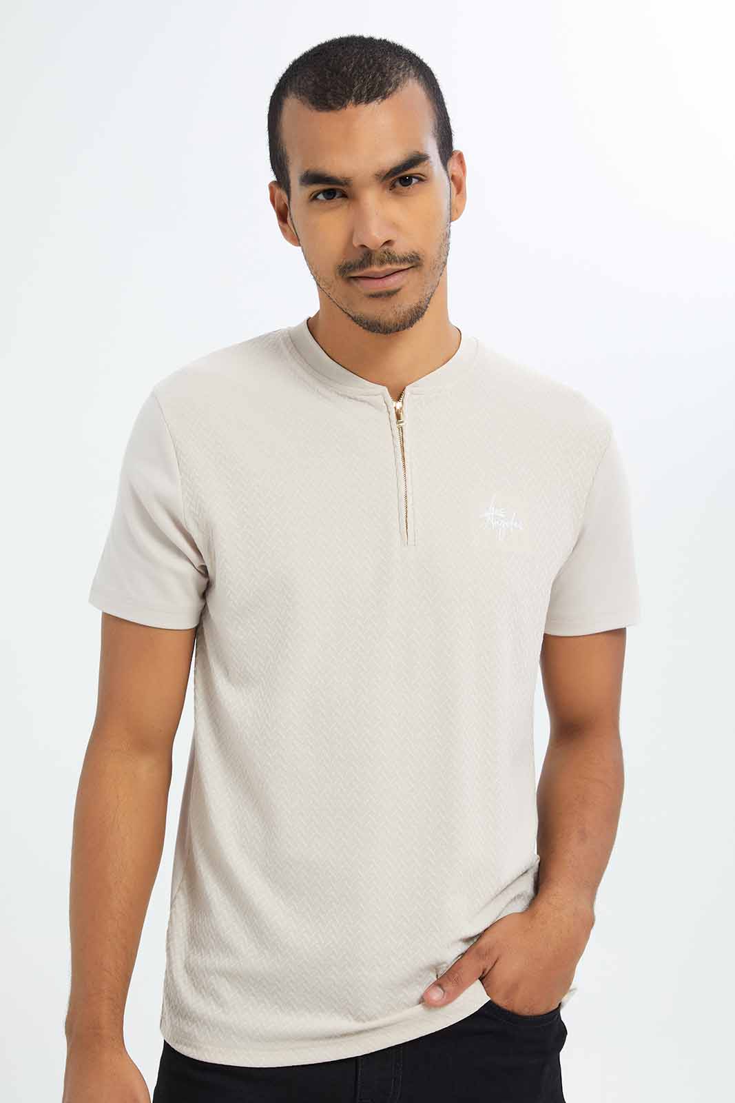 Redtag-Men-Beige-Half-Zip-Logo-T-Shirt-Category:T-Shirts,-Colour:Beige,-Deals:New-In,-Dept:Menswear,-Filter:Men's-Clothing,-Men-T-Shirts,-New-In-Men-APL,-Non-Sale,-S23B,-Section:Men-Men's-