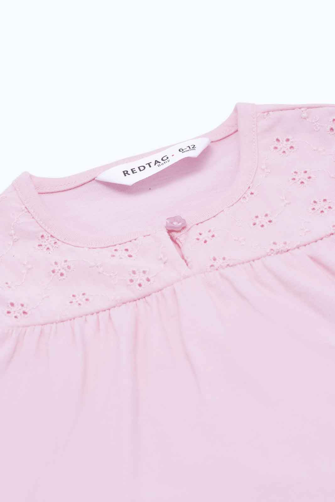 Redtag-Girls-Pink-Solid-Schifli-Yoke-Blouse-Category:Blouses,-Colour:Apricot,-Deals:New-In,-Dept:Girls,-Filter:Infant-Girls-(3-to-24-Mths),-ING-Blouses,-New-In-ING-APL,-Non-Sale,-S23B,-Section:Girls-(0-to-14Yrs)-Infant-Girls-3 to 24 Months