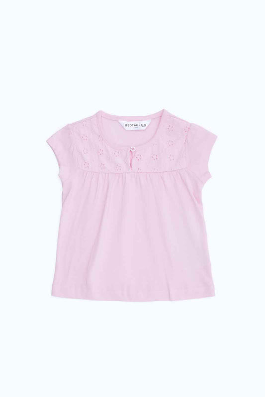 Redtag-Girls-Pink-Solid-Schifli-Yoke-Blouse-Category:Blouses,-Colour:Apricot,-Deals:New-In,-Dept:Girls,-Filter:Infant-Girls-(3-to-24-Mths),-ING-Blouses,-New-In-ING-APL,-Non-Sale,-S23B,-Section:Girls-(0-to-14Yrs)-Infant-Girls-3 to 24 Months