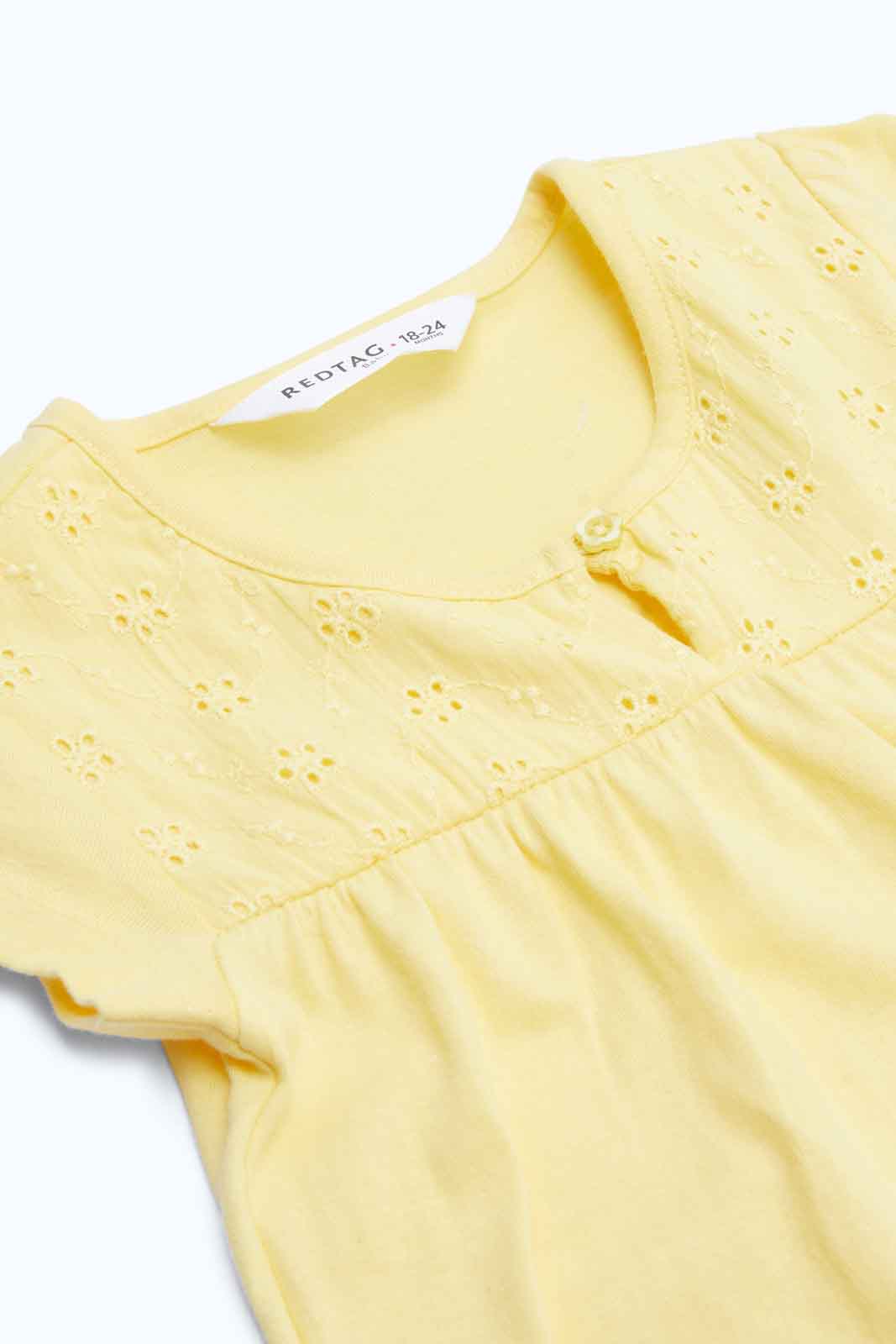 Redtag-Girls-Yellow-Solid-Schifli-Yoke-Blouse-Category:Blouses,-Colour:Yellow,-Deals:New-In,-Dept:Girls,-Filter:Infant-Girls-(3-to-24-Mths),-ING-Blouses,-New-In-ING-APL,-Non-Sale,-S23B,-Section:Girls-(0-to-14Yrs)-Infant-Girls-3 to 24 Months