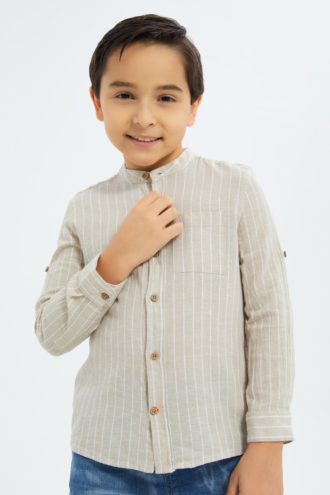 Redtag-Boys-Beige-Striped-Mandarin-Collar-Shirt-BOY-Shirts,-Category:Shirts,-Colour:Beige,-Deals:New-In,-Dept:Boys,-Filter:Boys-(2-to-8-Yrs),-New-In-BOY-APL,-Non-Sale,-S23B,-Section:Boys-(0-to-14Yrs)-Boys-2 to 8 Years