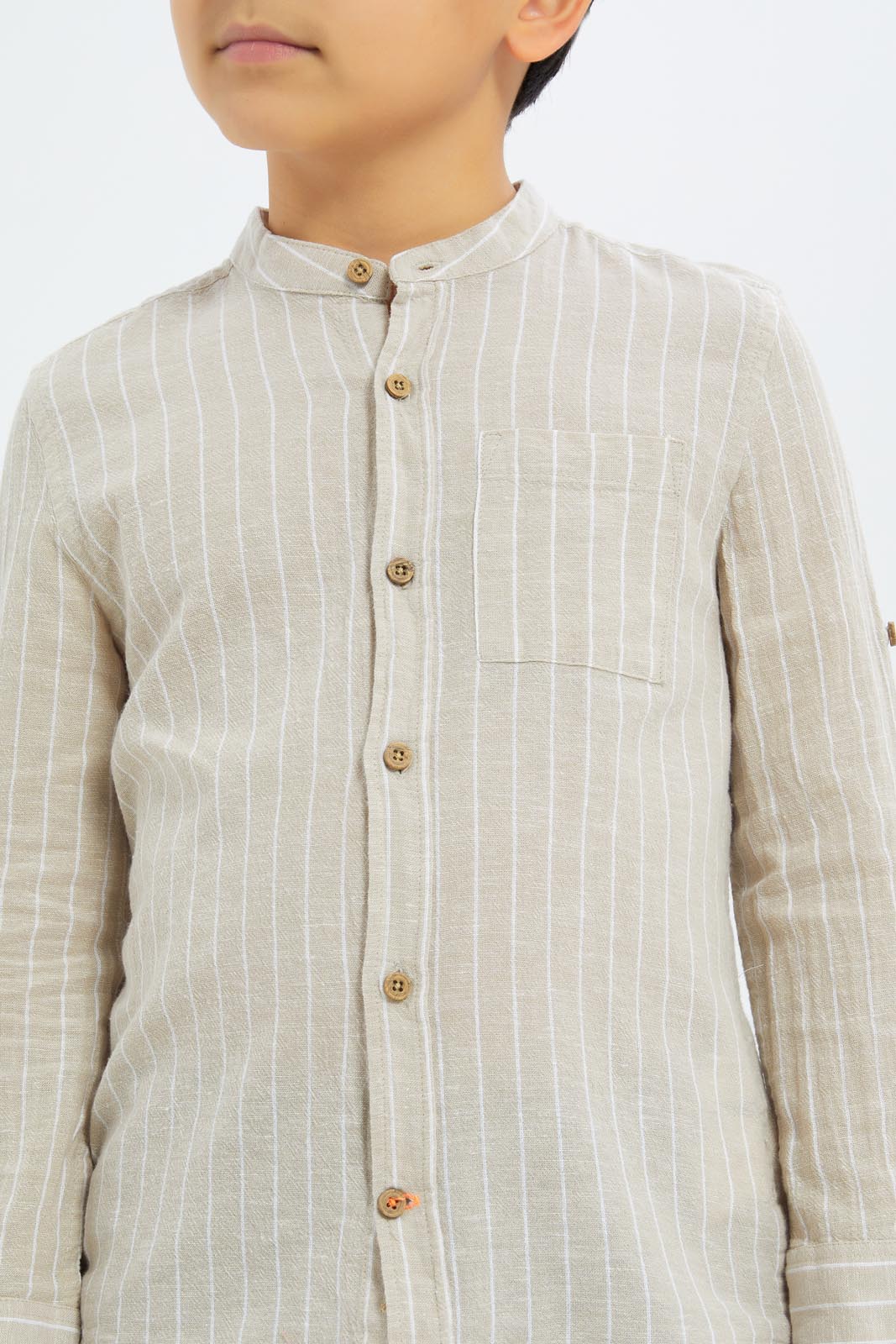 Redtag-Boys-Beige-Striped-Mandarin-Collar-Shirt-BOY-Shirts,-Category:Shirts,-Colour:Beige,-Deals:New-In,-Dept:Boys,-Filter:Boys-(2-to-8-Yrs),-New-In-BOY-APL,-Non-Sale,-S23B,-Section:Boys-(0-to-14Yrs)-Boys-2 to 8 Years