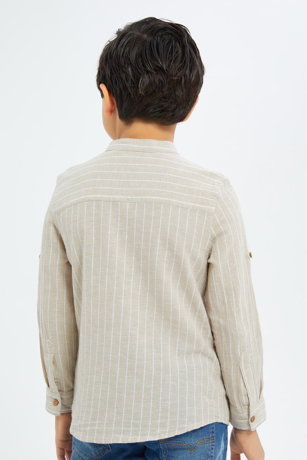 Redtag-Boys-Beige-Striped-Mandarin-Collar-Shirt-BOY-Shirts,-Category:Shirts,-Colour:Beige,-Deals:New-In,-Dept:Boys,-Filter:Boys-(2-to-8-Yrs),-New-In-BOY-APL,-Non-Sale,-S23B,-Section:Boys-(0-to-14Yrs)-Boys-2 to 8 Years