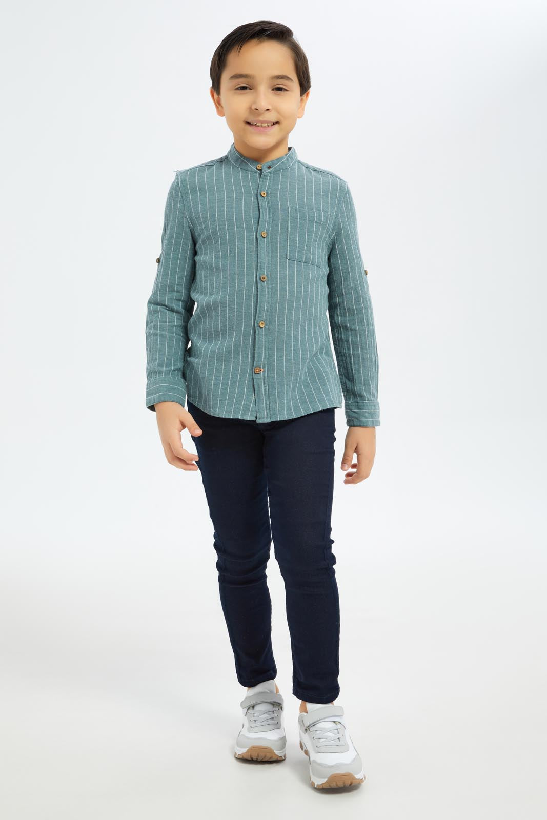 Redtag-Boys-Mint-Striped-Mandarin-Collar-Shirt-BOY-Shirts,-Category:Shirts,-Colour:Mint,-Deals:New-In,-Dept:Boys,-Filter:Boys-(2-to-8-Yrs),-New-In-BOY-APL,-Non-Sale,-S23B,-Section:Boys-(0-to-14Yrs)-Boys-2 to 8 Years