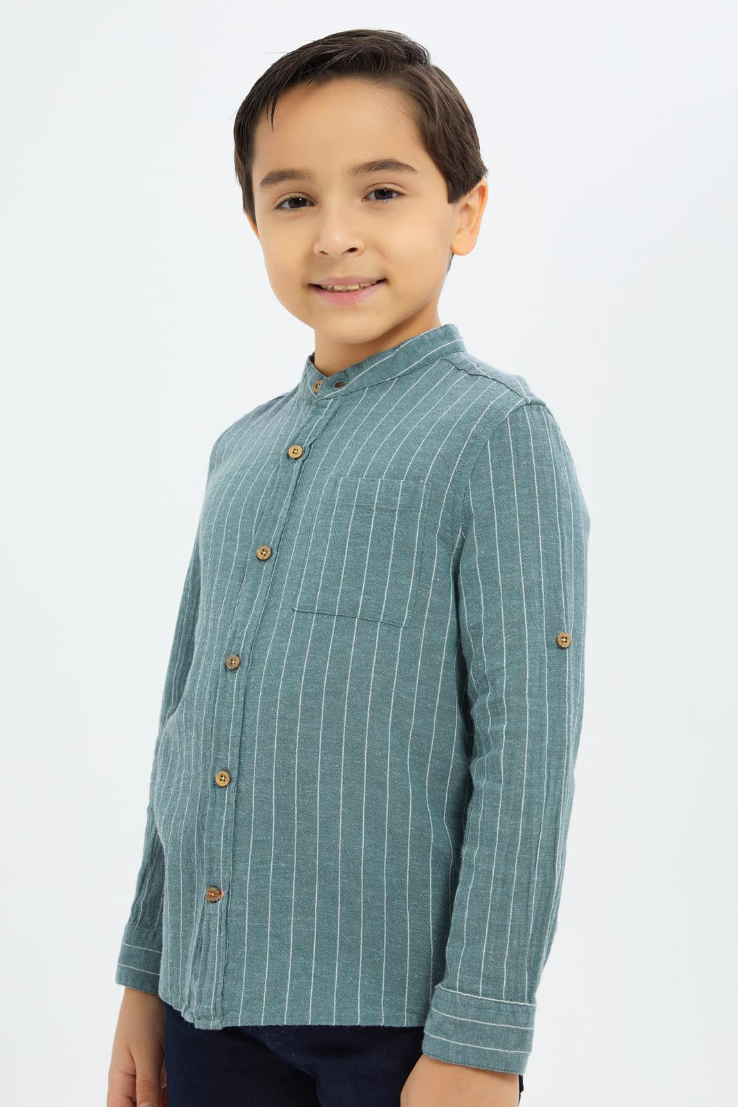 Redtag-Boys-Mint-Striped-Mandarin-Collar-Shirt-BOY-Shirts,-Category:Shirts,-Colour:Mint,-Deals:New-In,-Dept:Boys,-Filter:Boys-(2-to-8-Yrs),-New-In-BOY-APL,-Non-Sale,-S23B,-Section:Boys-(0-to-14Yrs)-Boys-2 to 8 Years