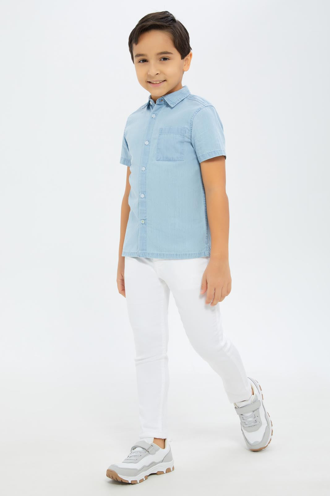 Redtag-Boys-Light-Blue-Short-Sleeve-Denim-Shirt-BOY-Shirts,-Category:Shirts,-Colour:Blue,-Deals:2-FOR-89,-Deals:New-In,-Dept:Boys,-Filter:Boys-(2-to-8-Yrs),-New-In-BOY-APL,-Non-Sale,-S23B,-Section:Boys-(0-to-14Yrs)-Boys-2 to 8 Years