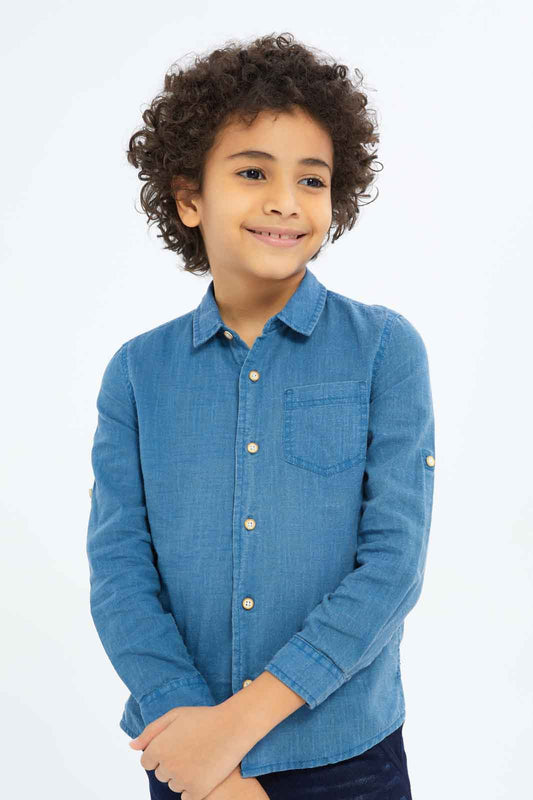 Redtag-Boys-Dark-Blue-Long-Sleeve-Cotton-Slub-Shirt-BOY-Shirts,-Category:Shirts,-Colour:Blue,-Deals:New-In,-Dept:Boys,-Filter:Boys-(2-to-8-Yrs),-New-In-BOY-APL,-Non-Sale,-S23B,-Section:Boys-(0-to-14Yrs)-Boys-2 to 8 Years