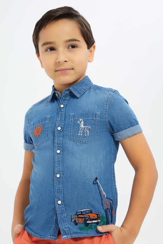 Redtag-Boys-Dark-Blue-Short-Sleeve-Denim-Shirt-With-Embroidery-BOY-Shirts,-Category:Shirts,-Colour:Blue,-Deals:New-In,-Dept:Boys,-Filter:Boys-(2-to-8-Yrs),-New-In-BOY-APL,-Non-Sale,-S23B,-Section:Boys-(0-to-14Yrs)-Boys-2 to 8 Years