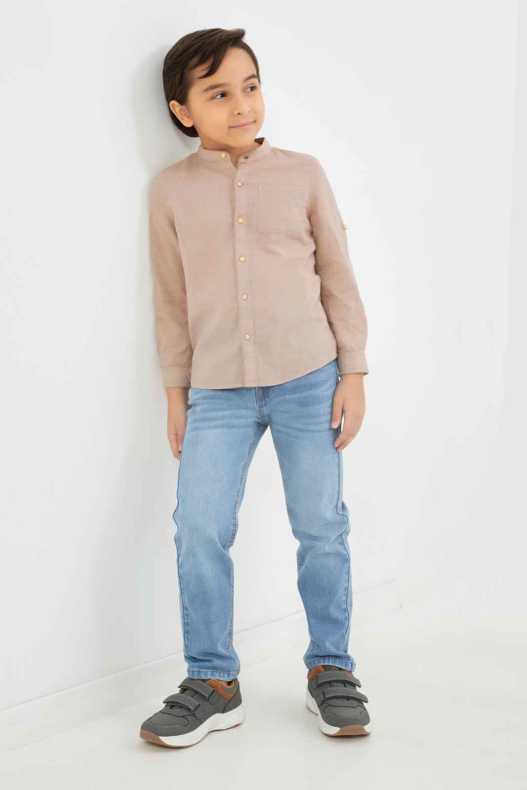 Redtag-Boys-Pale-Pink-Cotton-Slub-Mandarin-Collar-Shirt-BOY-Shirts,-Category:Shirts,-Colour:Apricot,-Deals:New-In,-Dept:Boys,-Filter:Boys-(2-to-8-Yrs),-New-In-BOY-APL,-Non-Sale,-S23B,-Section:Boys-(0-to-14Yrs)-Boys-2 to 8 Years