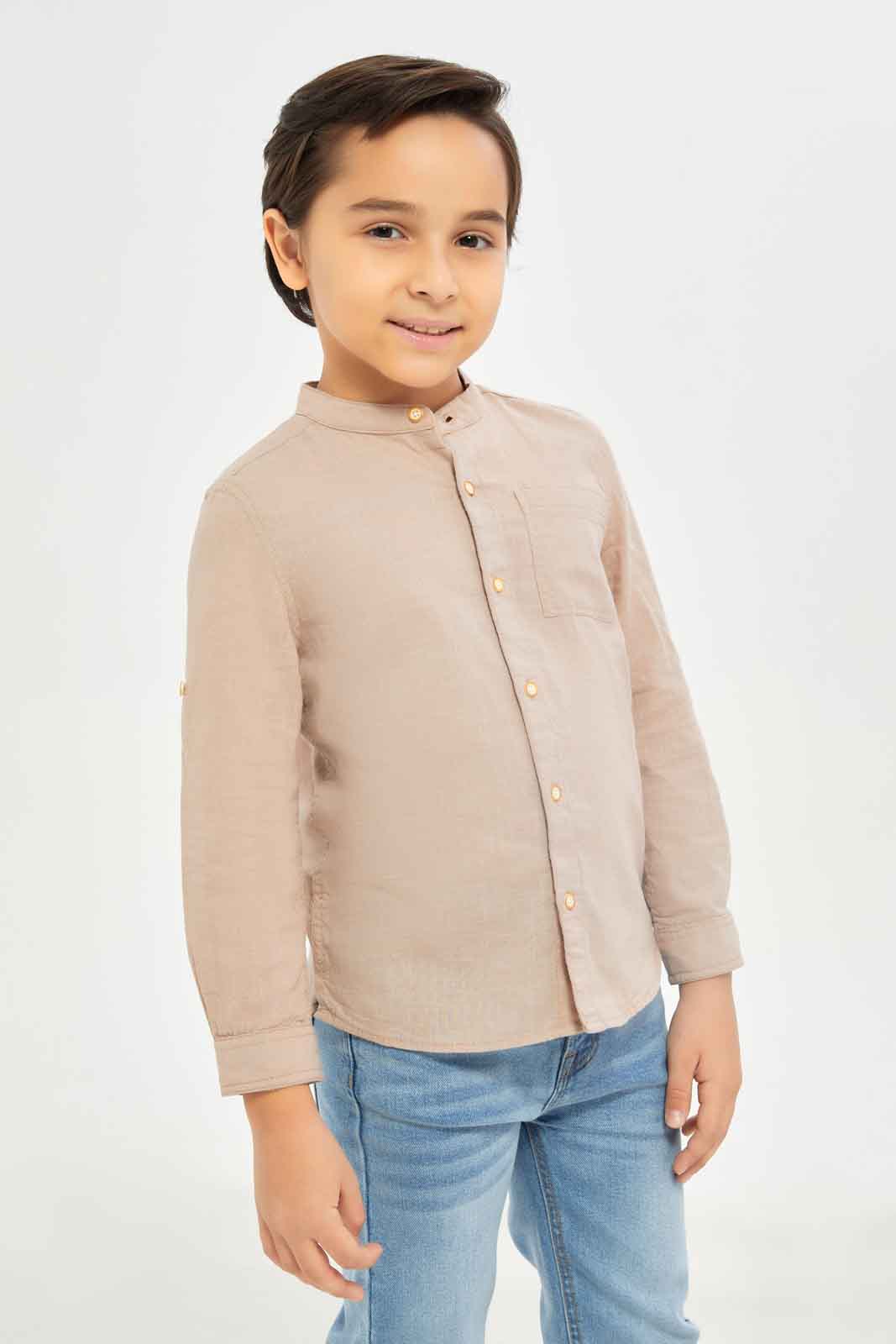 Redtag-Boys-Pale-Pink-Cotton-Slub-Mandarin-Collar-Shirt-BOY-Shirts,-Category:Shirts,-Colour:Apricot,-Deals:New-In,-Dept:Boys,-Filter:Boys-(2-to-8-Yrs),-New-In-BOY-APL,-Non-Sale,-S23B,-Section:Boys-(0-to-14Yrs)-Boys-2 to 8 Years