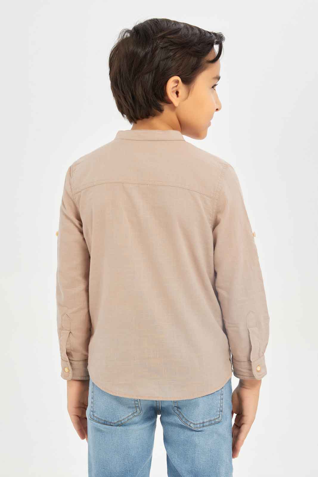 Redtag-Boys-Pale-Pink-Cotton-Slub-Mandarin-Collar-Shirt-BOY-Shirts,-Category:Shirts,-Colour:Apricot,-Deals:New-In,-Dept:Boys,-Filter:Boys-(2-to-8-Yrs),-New-In-BOY-APL,-Non-Sale,-S23B,-Section:Boys-(0-to-14Yrs)-Boys-2 to 8 Years