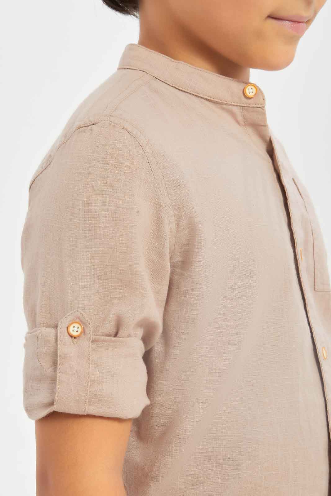 Redtag-Boys-Pale-Pink-Cotton-Slub-Mandarin-Collar-Shirt-BOY-Shirts,-Category:Shirts,-Colour:Apricot,-Deals:New-In,-Dept:Boys,-Filter:Boys-(2-to-8-Yrs),-New-In-BOY-APL,-Non-Sale,-S23B,-Section:Boys-(0-to-14Yrs)-Boys-2 to 8 Years