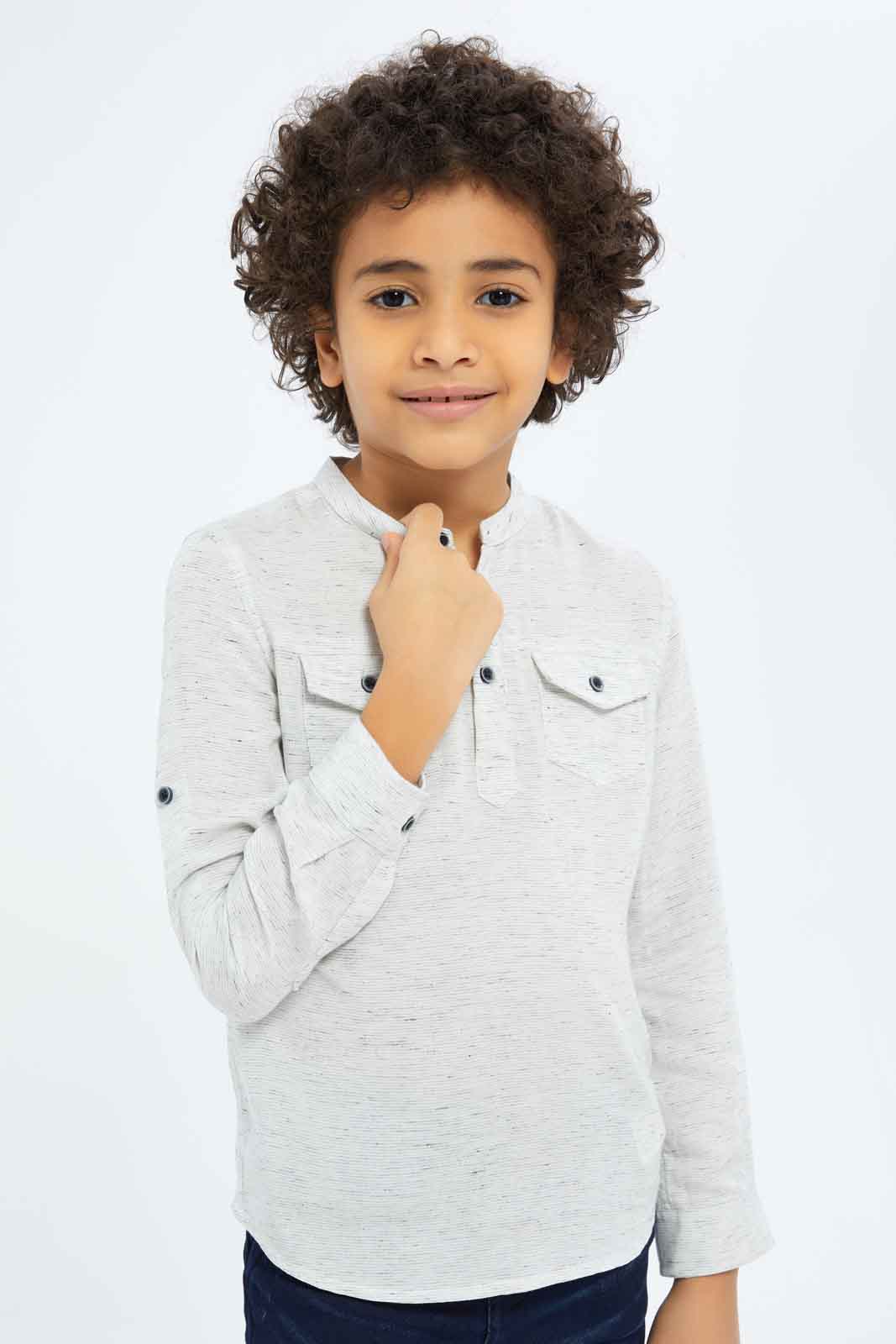 Redtag-Boys-Beige-Mandarin-Collar-Injected-Quarter-Placket-Long-Sleeve-Shirt-BOY-Shirts,-Category:Shirts,-Colour:Beige,-Deals:New-In,-Dept:Boys,-Filter:Boys-(2-to-8-Yrs),-New-In-BOY-APL,-Non-Sale,-S23B,-Section:Boys-(0-to-14Yrs)-Boys-2 to 8 Years