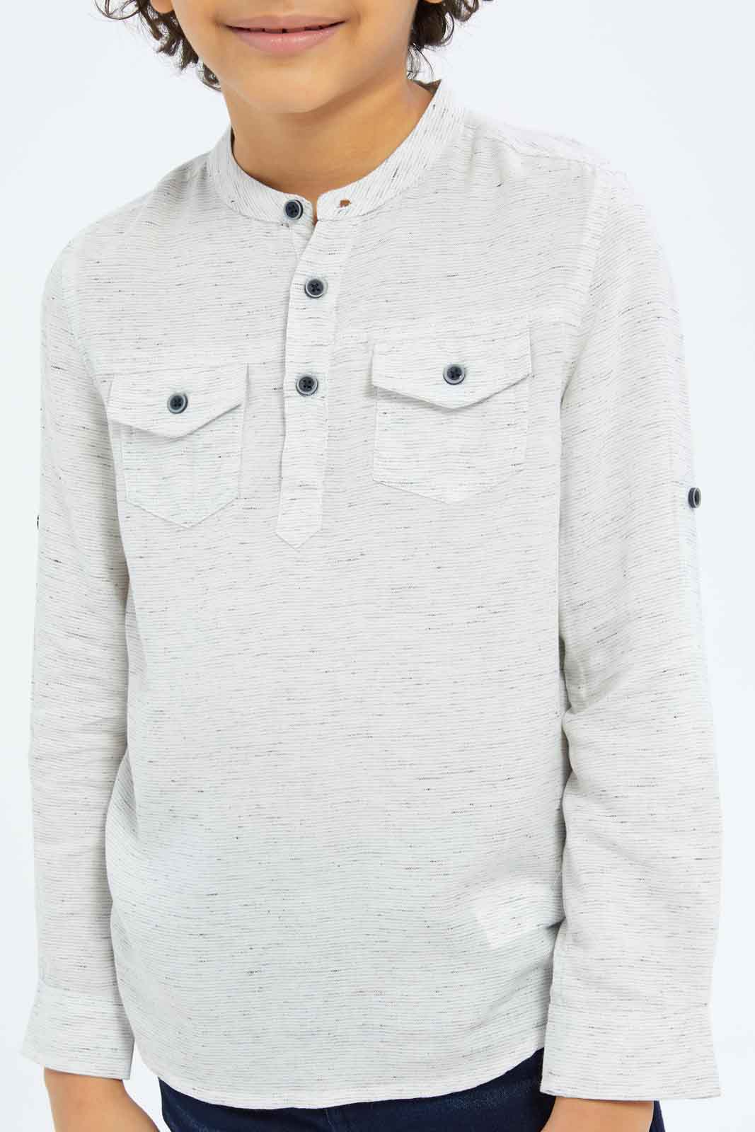 Redtag-Boys-Beige-Mandarin-Collar-Injected-Quarter-Placket-Long-Sleeve-Shirt-BOY-Shirts,-Category:Shirts,-Colour:Beige,-Deals:New-In,-Dept:Boys,-Filter:Boys-(2-to-8-Yrs),-New-In-BOY-APL,-Non-Sale,-S23B,-Section:Boys-(0-to-14Yrs)-Boys-2 to 8 Years