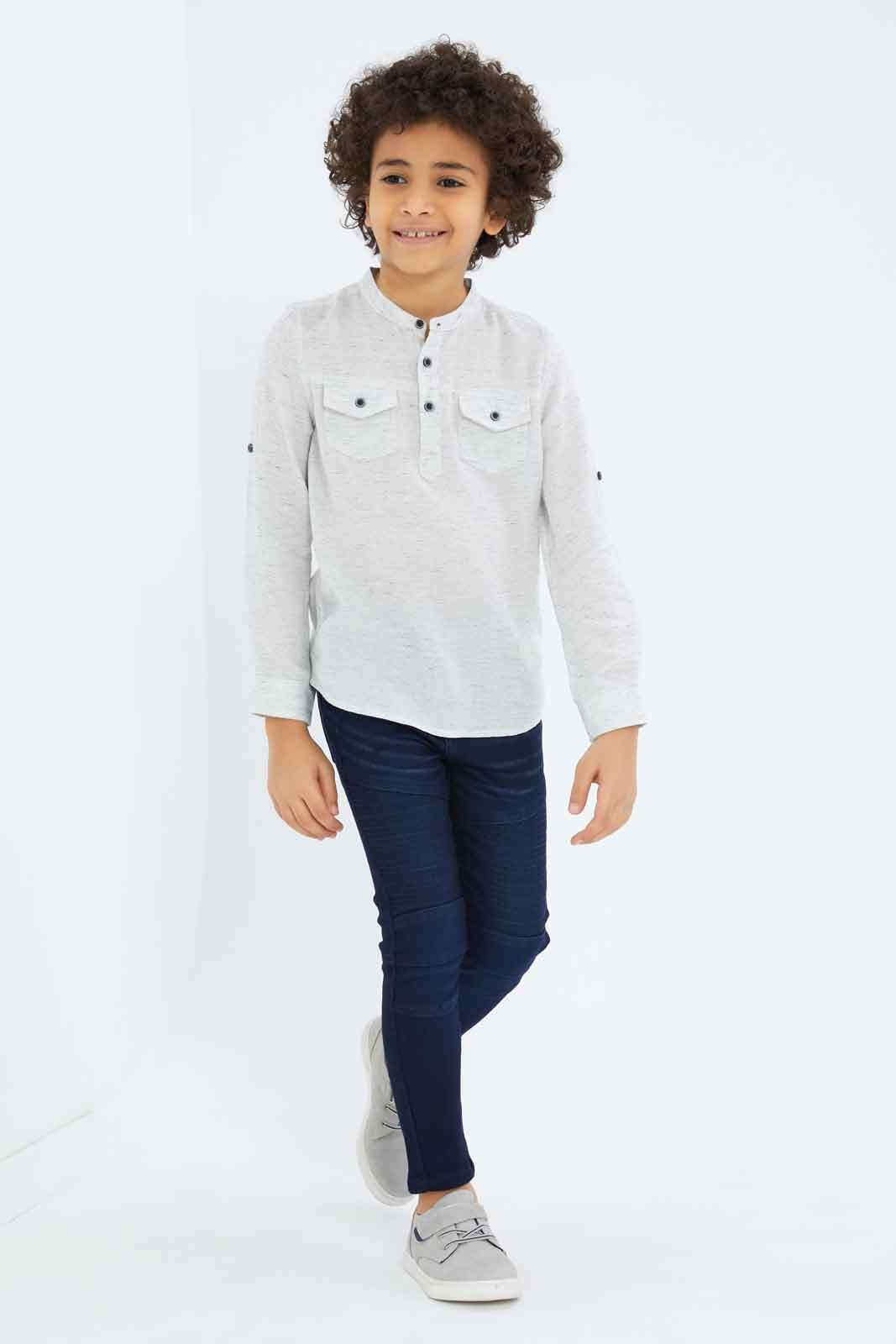 Redtag-Boys-Beige-Mandarin-Collar-Injected-Quarter-Placket-Long-Sleeve-Shirt-BOY-Shirts,-Category:Shirts,-Colour:Beige,-Deals:New-In,-Dept:Boys,-Filter:Boys-(2-to-8-Yrs),-New-In-BOY-APL,-Non-Sale,-S23B,-Section:Boys-(0-to-14Yrs)-Boys-2 to 8 Years