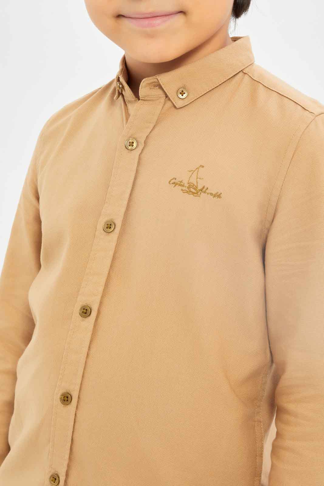 Redtag-Boys-Brown-Long-Sleeve-Oxford-Button-Down-Shirt-With-Embroidery-BOY-Shirts,-Category:Shirts,-Colour:Brown,-Deals:New-In,-Dept:Boys,-Filter:Boys-(2-to-8-Yrs),-New-In-BOY-APL,-Non-Sale,-S23B,-Section:Boys-(0-to-14Yrs)-Boys-2 to 8 Years