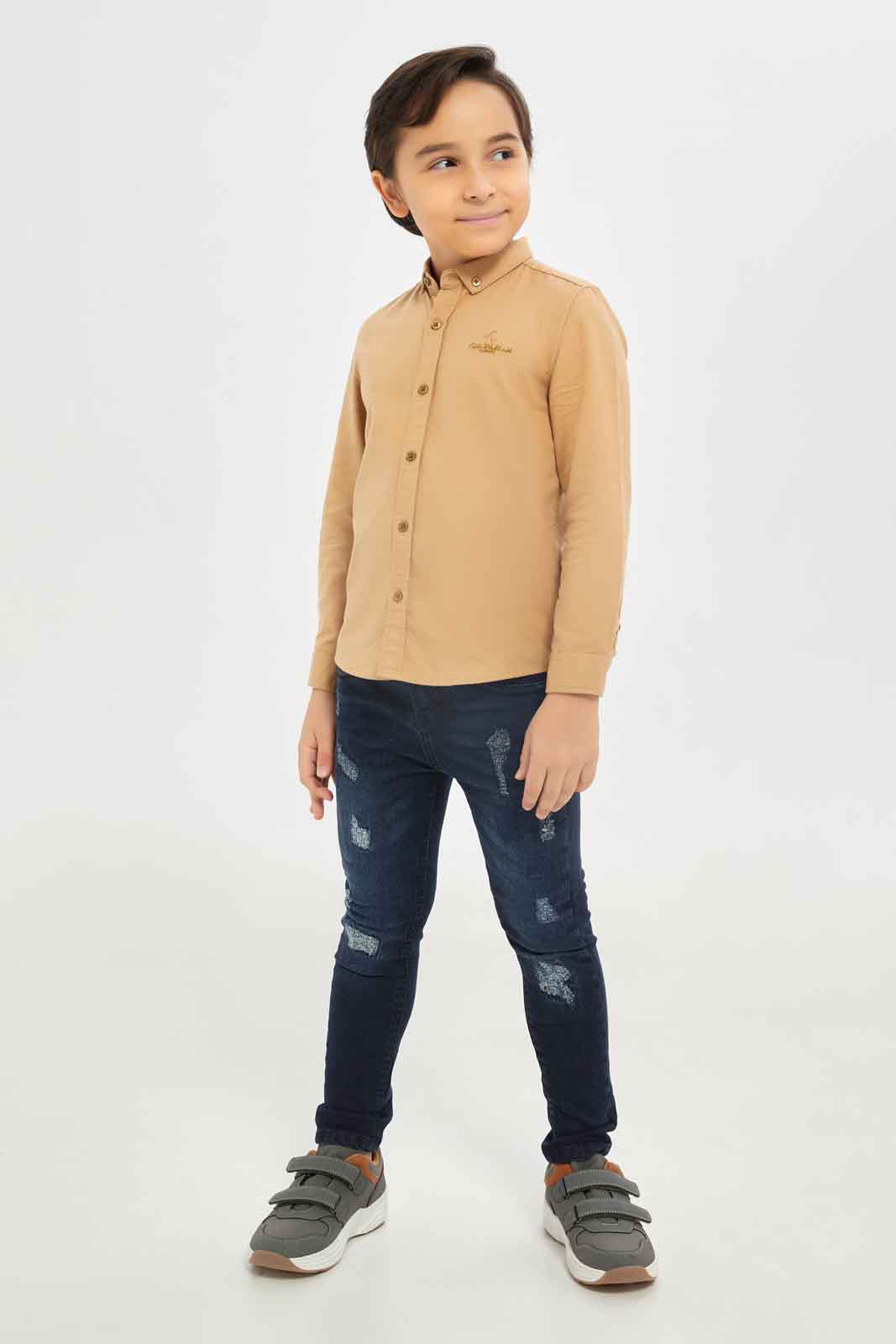 Redtag-Boys-Brown-Long-Sleeve-Oxford-Button-Down-Shirt-With-Embroidery-BOY-Shirts,-Category:Shirts,-Colour:Brown,-Deals:New-In,-Dept:Boys,-Filter:Boys-(2-to-8-Yrs),-New-In-BOY-APL,-Non-Sale,-S23B,-Section:Boys-(0-to-14Yrs)-Boys-2 to 8 Years