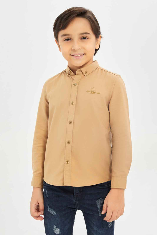 Redtag-Boys-Brown-Long-Sleeve-Oxford-Button-Down-Shirt-With-Embroidery-BOY-Shirts,-Category:Shirts,-Colour:Brown,-Deals:New-In,-Dept:Boys,-Filter:Boys-(2-to-8-Yrs),-New-In-BOY-APL,-Non-Sale,-S23B,-Section:Boys-(0-to-14Yrs)-Boys-2 to 8 Years
