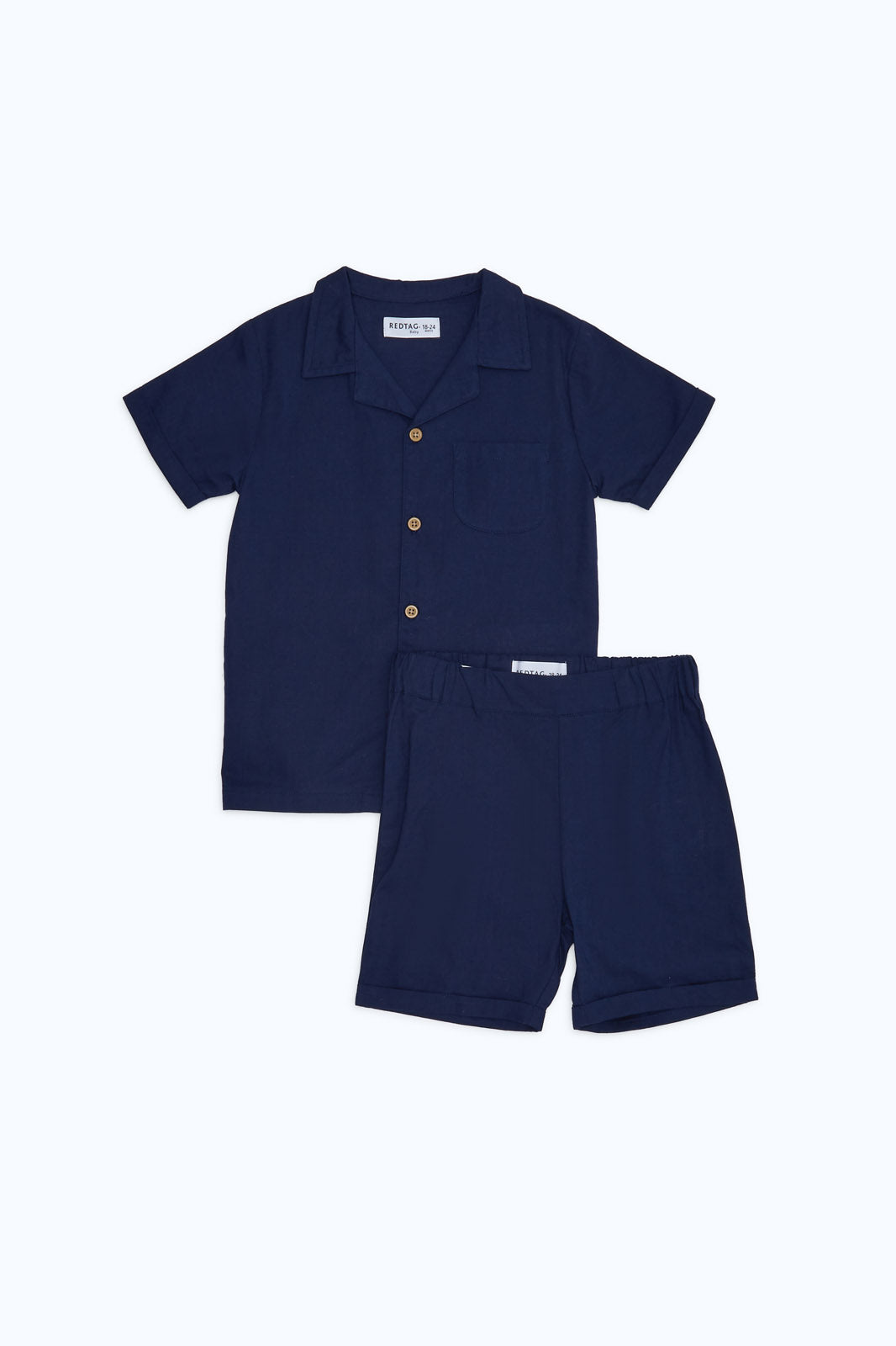 Redtag-Boys-Navy-Cotton-Slub-Shirt-And-Short--Pcs-Set-Category:Sets,-Colour:Navy,-Deals:New-In,-Dept:Boys,-Filter:Infant-Boys-(3-to-24-Mths),-H1:KWR,-H2:INB,-H3:SET,-H4:CAE,-INB-Sets,-New-In-INB-APL,-Non-Sale,-S23B,-Season:S23B,-Section:Boys-(0-to-14Yrs)-Infant-Boys-3 to 24 Months
