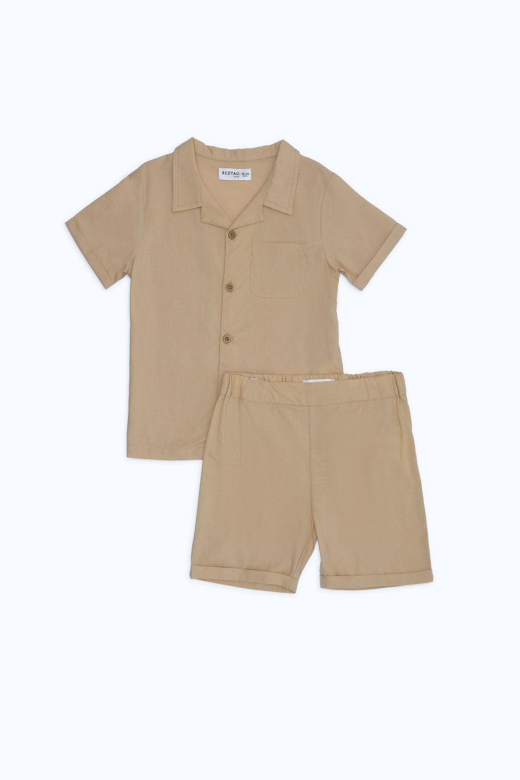 Redtag-Boys-Cement-Cotton-Slub-Shirt-And-Short--Pcs-Set-Category:Sets,-Colour:Beige,-Deals:New-In,-Dept:Boys,-Filter:Infant-Boys-(3-to-24-Mths),-H1:KWR,-H2:INB,-H3:SET,-H4:CAE,-INB-Sets,-New-In-INB-APL,-Non-Sale,-S23B,-Season:S23B,-Section:Boys-(0-to-14Yrs)-Infant-Boys-3 to 24 Months