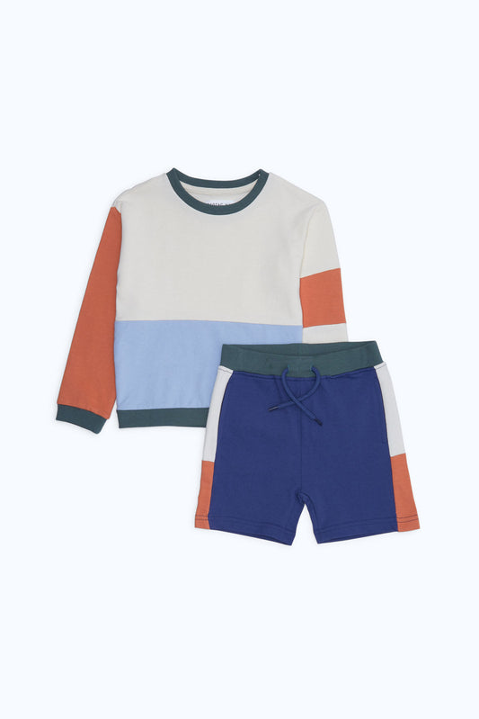 Redtag-Boys-Blue-Navy-Beige-Sweatshirts-With-Terry-Shorts-Casual-Set-Category:Sets,-Colour:Beige,-Deals:New-In,-Dept:Boys,-Filter:Infant-Boys-(3-to-24-Mths),-H1:KWR,-H2:INB,-H3:SET,-H4:CAE,-INB-Sets,-New-In-INB-APL,-Non-Sale,-S23B,-Season:S23B,-Section:Boys-(0-to-14Yrs),-Set:Set-of-2-Infant-Boys-3 to 24 Months