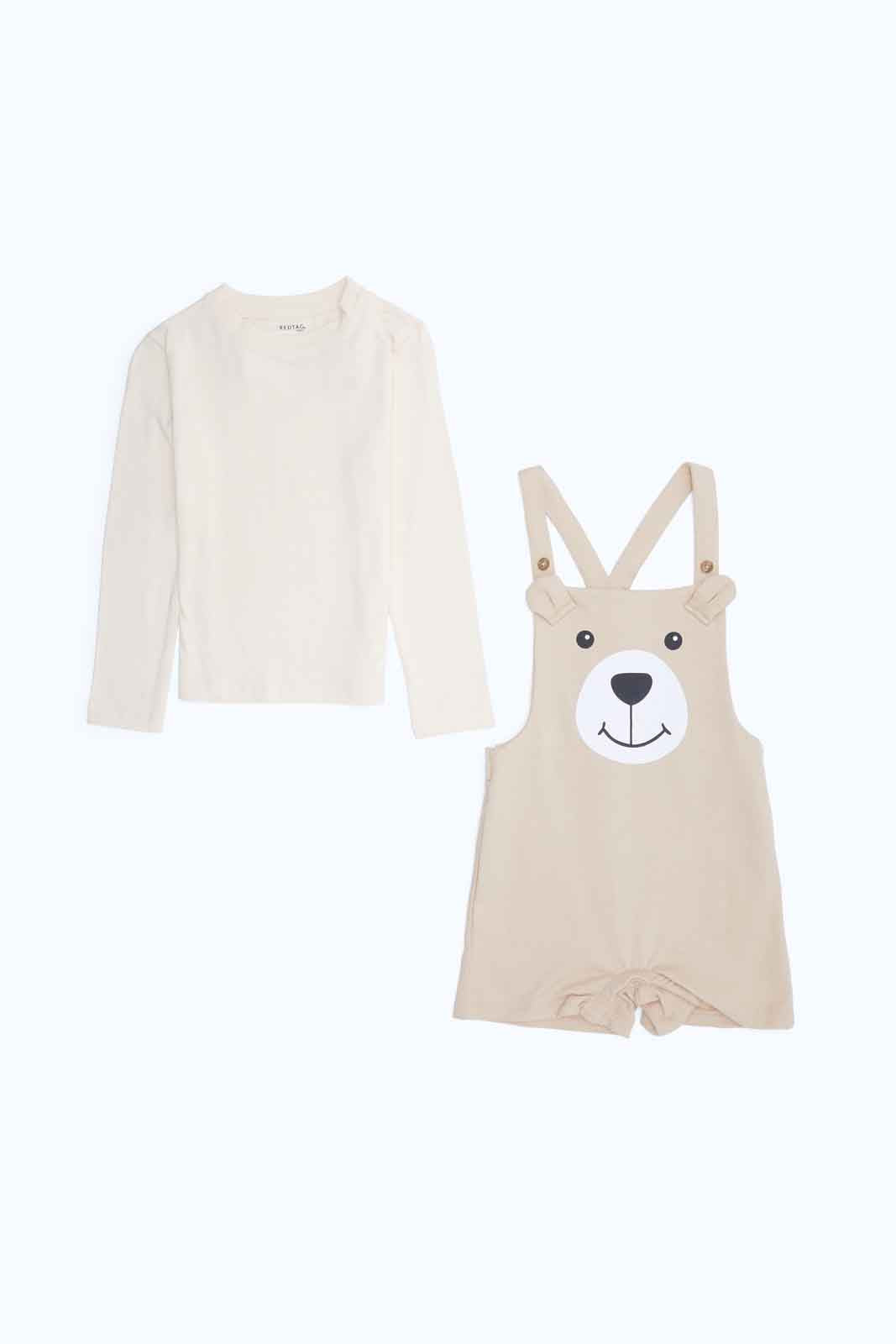 Redtag-Boys-Stone-Bear-Dungaree-With-Cream-Tee-Category:Sets,-Colour:Beige,-Deals:New-In,-Dept:Boys,-Filter:Infant-Boys-(3-to-24-Mths),-INB-Sets,-New-In-INB-APL,-Non-Sale,-S23B,-Section:Boys-(0-to-14Yrs)-Infant-Boys-3 to 24 Months