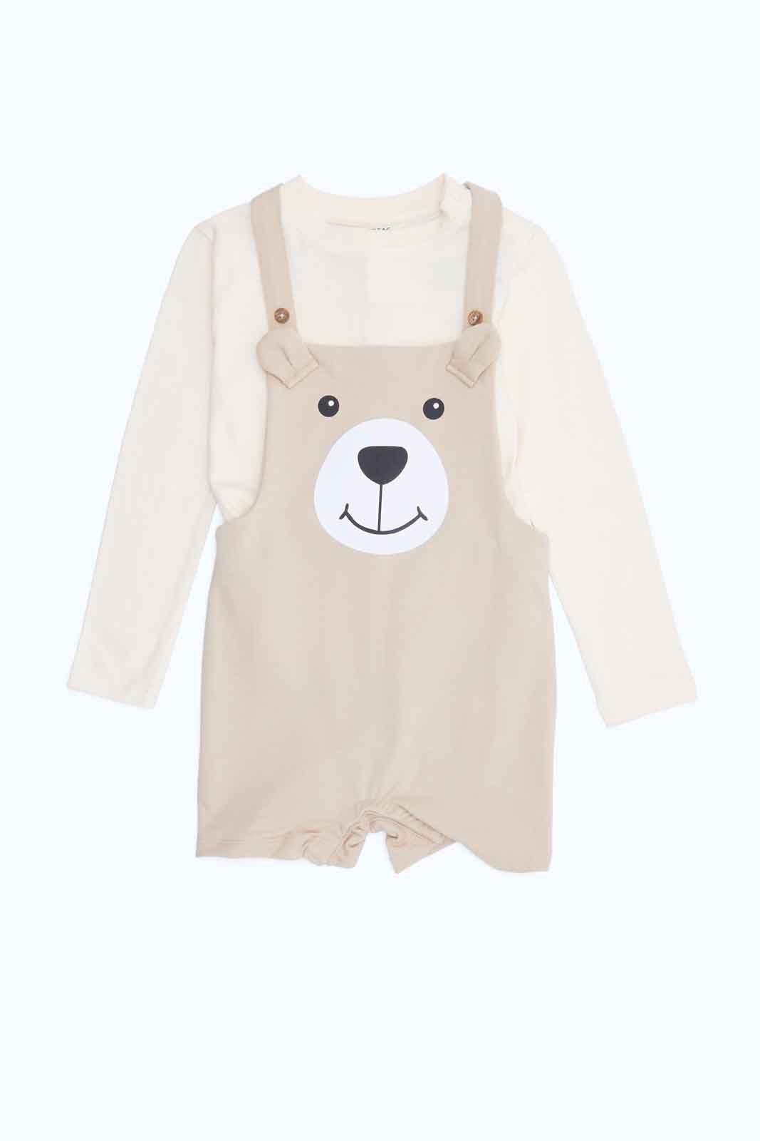 Redtag-Boys-Stone-Bear-Dungaree-With-Cream-Tee-Category:Sets,-Colour:Beige,-Deals:New-In,-Dept:Boys,-Filter:Infant-Boys-(3-to-24-Mths),-INB-Sets,-New-In-INB-APL,-Non-Sale,-S23B,-Section:Boys-(0-to-14Yrs)-Infant-Boys-3 to 24 Months