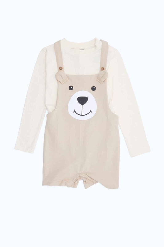 Redtag-Boys-Stone-Bear-Dungaree-With-Cream-Tee-Category:Sets,-Colour:Beige,-Deals:New-In,-Dept:Boys,-Filter:Infant-Boys-(3-to-24-Mths),-INB-Sets,-New-In-INB-APL,-Non-Sale,-S23B,-Section:Boys-(0-to-14Yrs)-Infant-Boys-3 to 24 Months