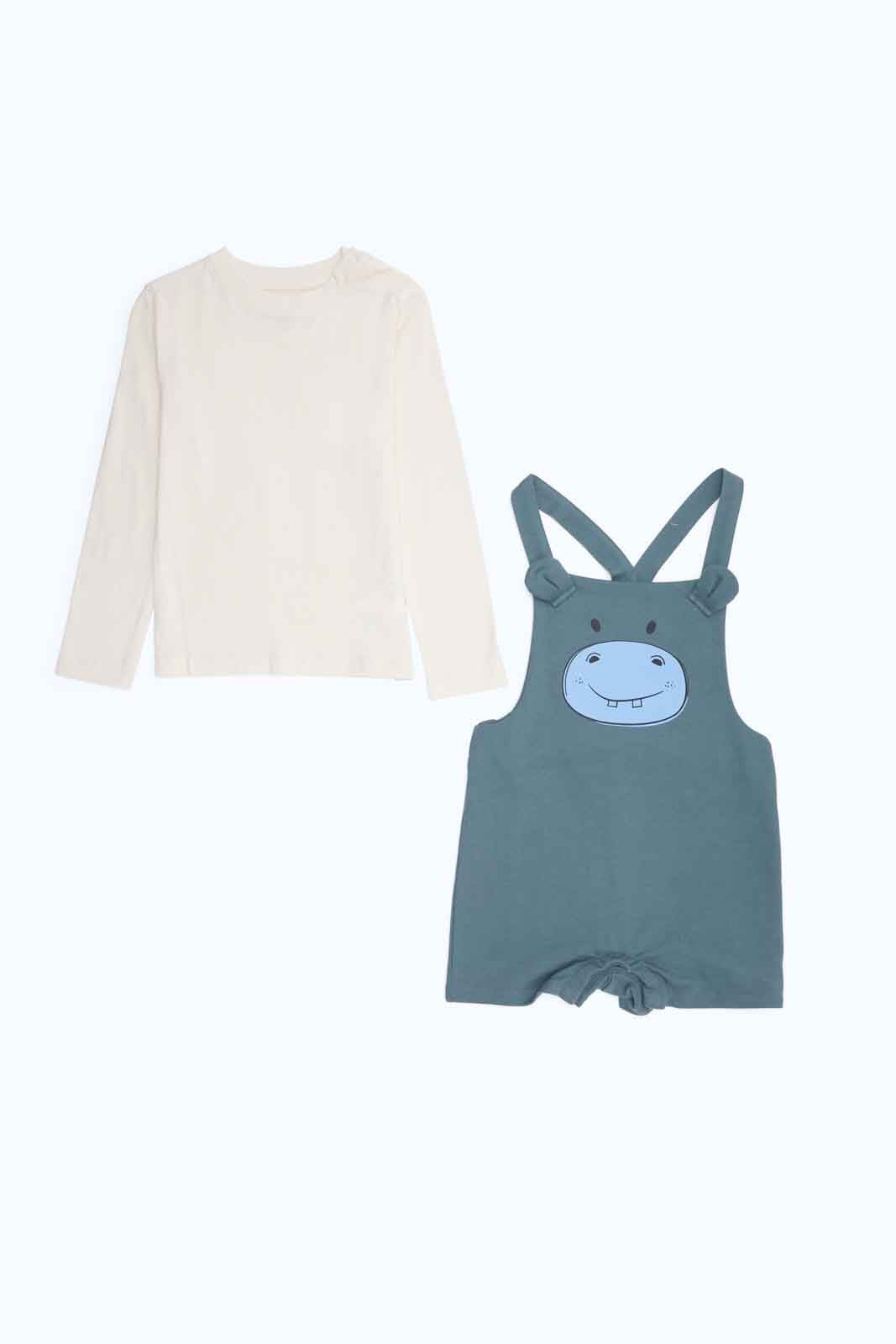 Redtag-Boys-Khaki-Hippo-Dungaree-With-Cream-Tee-Category:Sets,-Colour:Green,-Deals:New-In,-Dept:Boys,-Filter:Infant-Boys-(3-to-24-Mths),-INB-Sets,-New-In-INB-APL,-Non-Sale,-S23B,-Section:Boys-(0-to-14Yrs)-Infant-Boys-3 to 24 Months