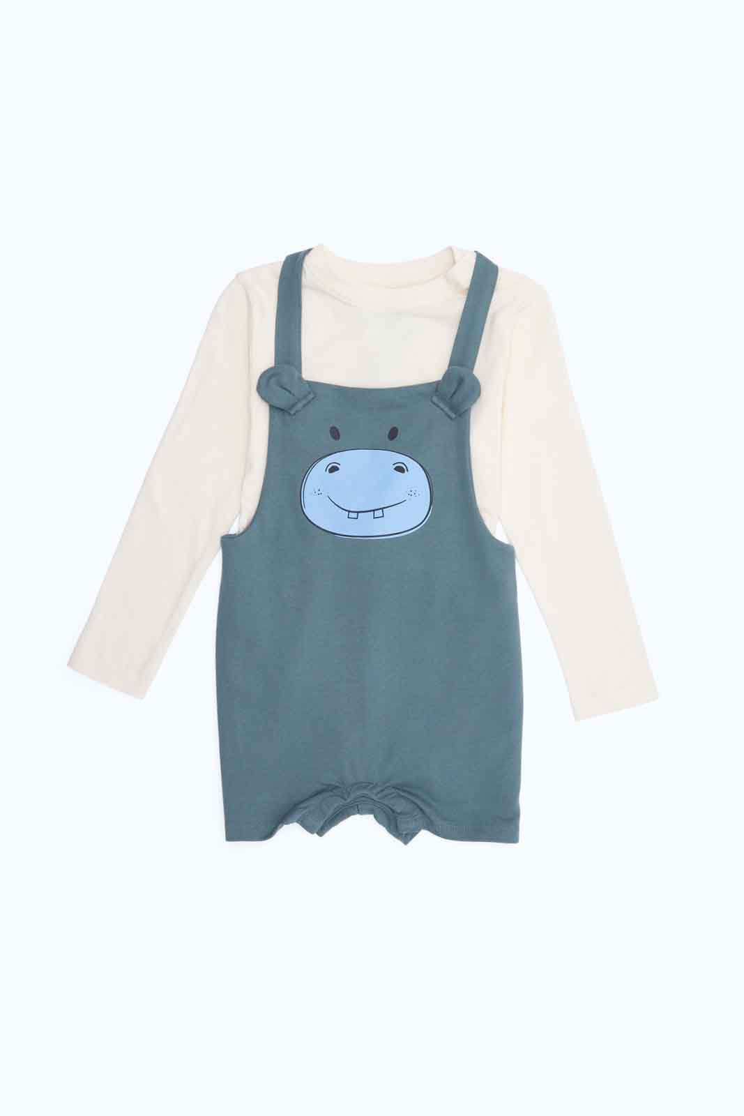 Redtag-Boys-Khaki-Hippo-Dungaree-With-Cream-Tee-Category:Sets,-Colour:Green,-Deals:New-In,-Dept:Boys,-Filter:Infant-Boys-(3-to-24-Mths),-INB-Sets,-New-In-INB-APL,-Non-Sale,-S23B,-Section:Boys-(0-to-14Yrs)-Infant-Boys-3 to 24 Months