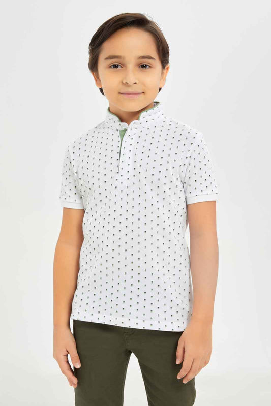 Redtag-Boys-White-Aop-Stand-Up-Collar-Polo-T-Shirt-BOY-Polo-T-Shirts,-Category:Polo-T-Shirts,-Colour:White,-Deals:New-In,-Dept:Boys,-Filter:Boys-(2-to-8-Yrs),-New-In-BOY-APL,-Non-Sale,-S23B,-Section:Boys-(0-to-14Yrs),-TBL-Boys-2 to 8 Years