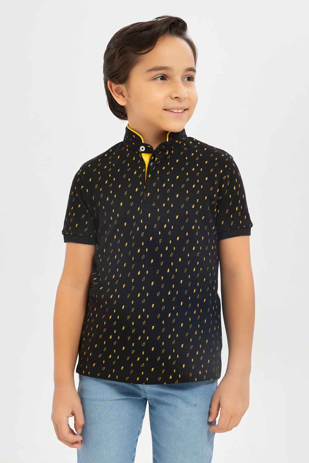 Redtag-Boys-Yellow-Aop-Stand-Up-Collar-Polo-T-Shirt-BOY-Polo-T-Shirts,-Category:Polo-T-Shirts,-Colour:Yellow,-Deals:New-In,-Dept:Boys,-Filter:Boys-(2-to-8-Yrs),-New-In-BOY-APL,-Non-Sale,-S23B,-Section:Boys-(0-to-14Yrs),-TBL-Boys-2 to 8 Years