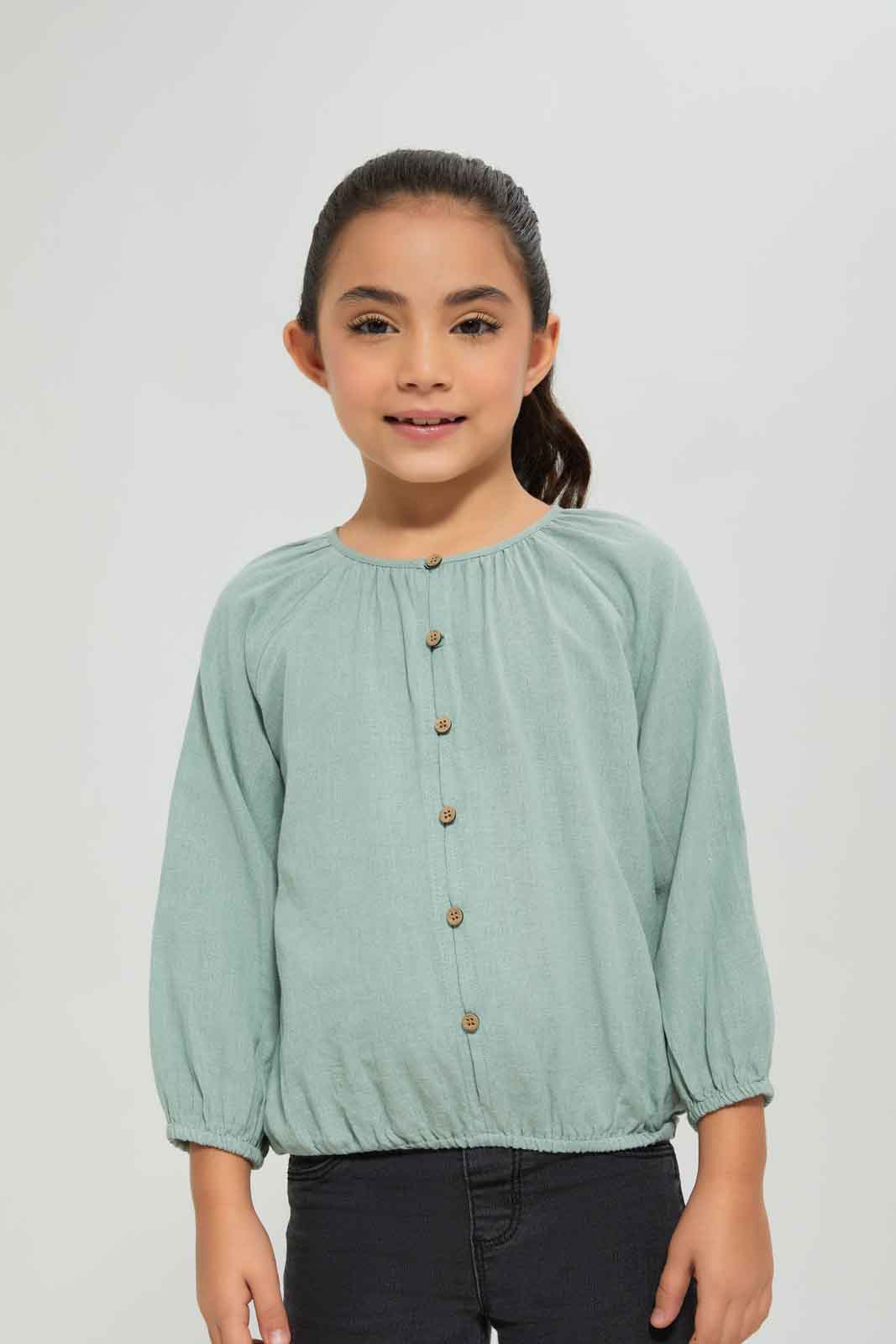 Redtag-Girls-Elasticated-Blouse-Sage-Category:Blouses,-Colour:Olive,-Deals:New-In,-Dept:Girls,-Filter:Girls-(2-to-8-Yrs),-GIR-Blouses,-New-In-GIR-APL,-Non-Sale,-S23A,-Section:Girls-(0-to-14Yrs)-Girls-2 to 8 Years