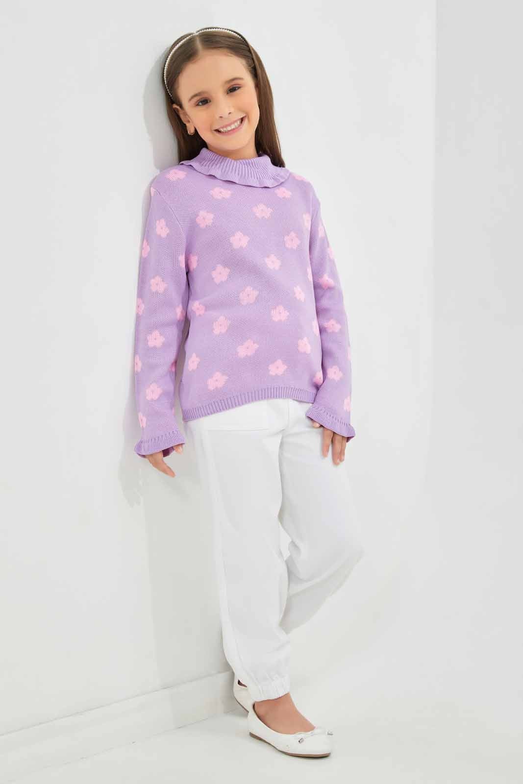 Girls Lilac Printed Turtleneck Pullover