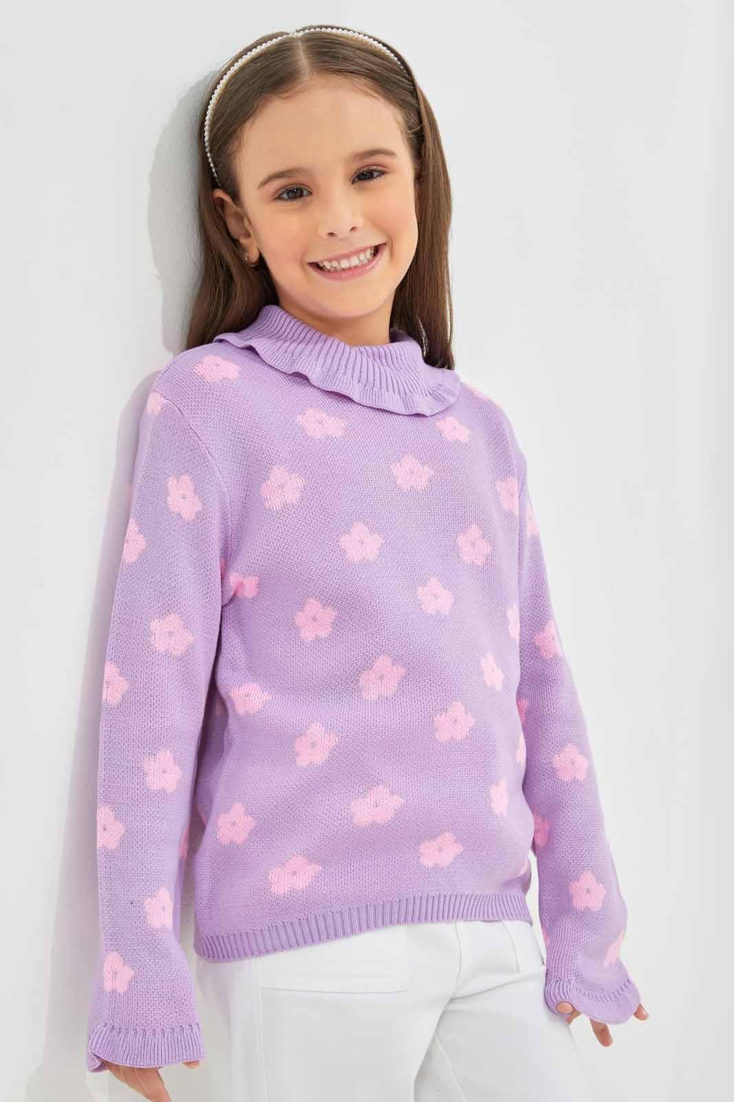 Girls Lilac Printed Turtleneck Pullover
