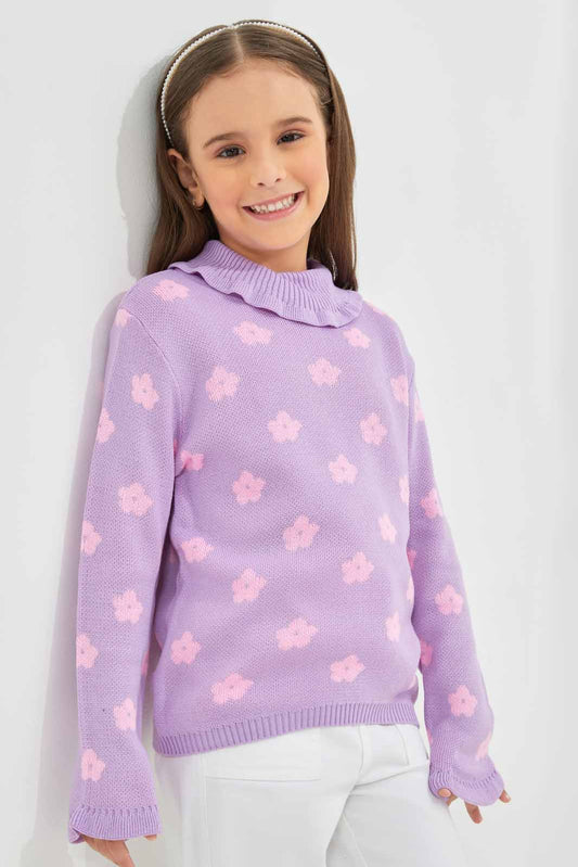 Girls Lilac Printed Turtleneck Pullover