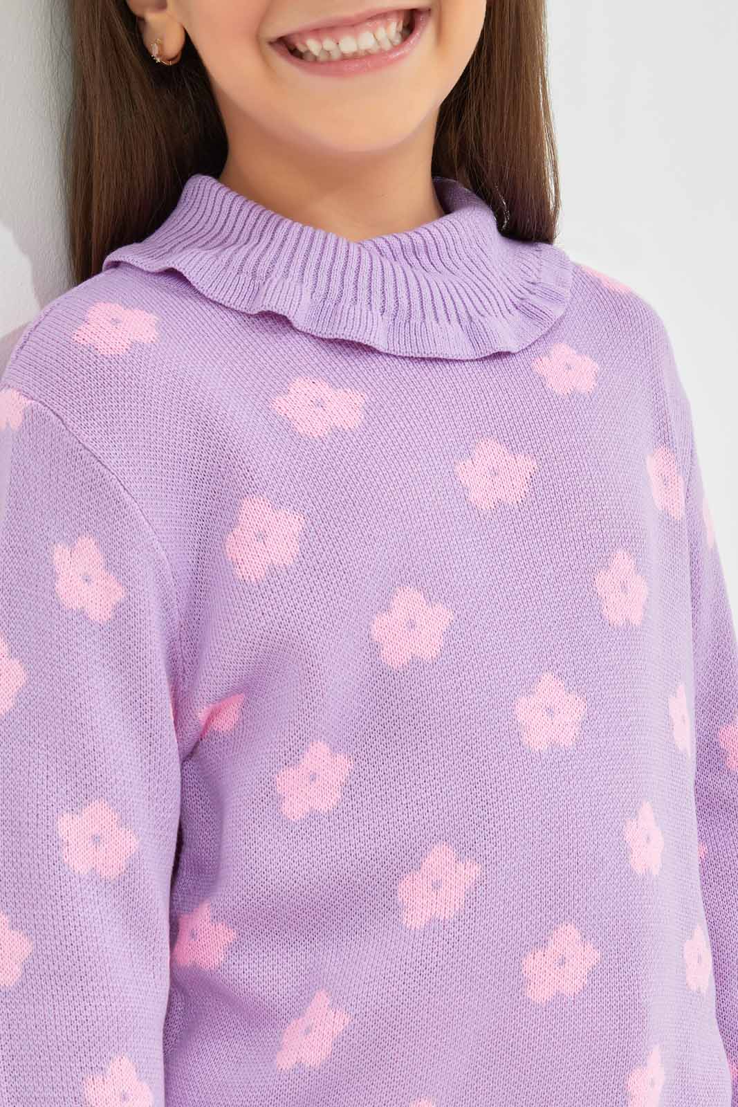 Girls Lilac Printed Turtleneck Pullover