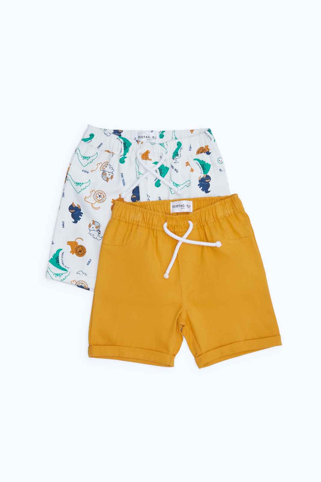 Redtag-Boys-Orange/Cream-2-Pack-Poplin-Short`-Category:Shorts,-Colour:Orange,-Deals:New-In,-Dept:Boys,-Filter:Infant-Boys-(3-to-24-Mths),-INB-Shorts,-New-In-INB-APL,-Non-Sale,-S23B,-Section:Boys-(0-to-14Yrs)-Infant-Boys-3 to 24 Months