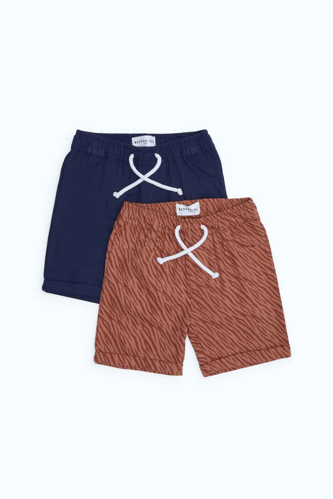 Redtag-Boys-Navy/Rust-2-Pack-Poplin-Short-Category:Shorts,-Colour:Navy,-Deals:New-In,-Dept:Boys,-Filter:Infant-Boys-(3-to-24-Mths),-INB-Shorts,-New-In-INB-APL,-Non-Sale,-S23B,-Section:Boys-(0-to-14Yrs)-Infant-Boys-3 to 24 Months