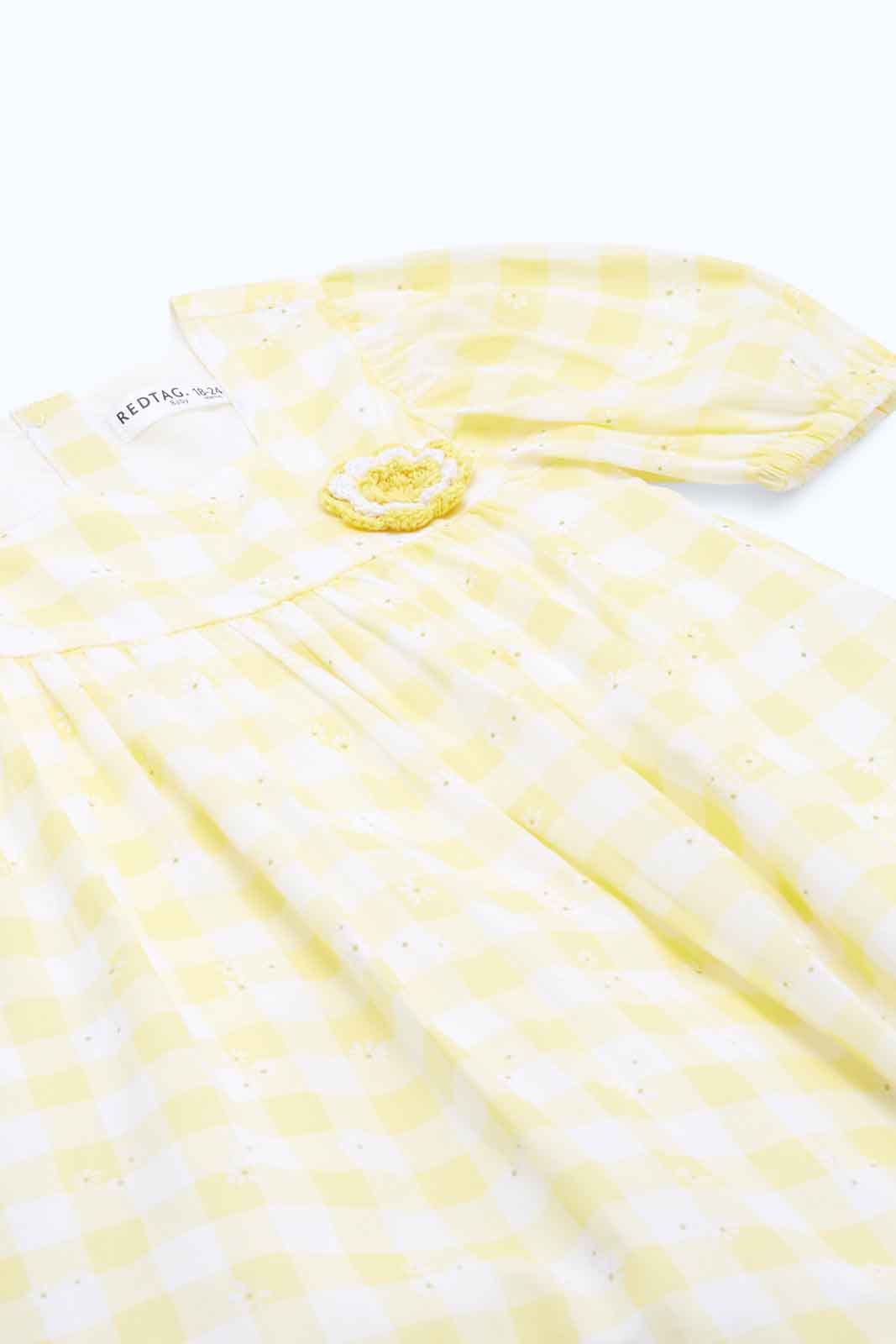 Redtag-Girls-Yellow-Checks-Florals-Aop-Dress-Category:Dresses,-Colour:Yellow,-Deals:New-In,-Dept:Girls,-Filter:Infant-Girls-(3-to-24-Mths),-ING-Dresses,-New-In-ING-APL,-Non-Sale,-S23B,-Section:Girls-(0-to-14Yrs)-Infant-Girls-3 to 24 Months