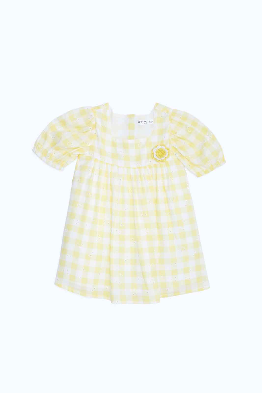 Redtag-Girls-Yellow-Checks-Florals-Aop-Dress-Category:Dresses,-Colour:Yellow,-Deals:New-In,-Dept:Girls,-Filter:Infant-Girls-(3-to-24-Mths),-ING-Dresses,-New-In-ING-APL,-Non-Sale,-S23B,-Section:Girls-(0-to-14Yrs)-Infant-Girls-3 to 24 Months