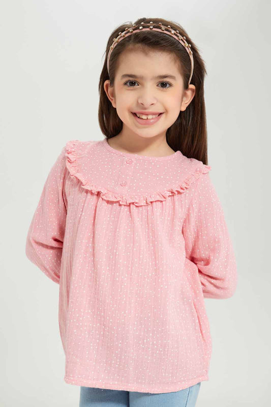 Redtag-Girls-Ls-Ruffle-Blouse---Dark-Pink-Spot-Category:Blouses,-Colour:Apricot,-Deals:New-In,-Dept:Girls,-Filter:Girls-(2-to-8-Yrs),-GIR-Blouses,-New-In-GIR-APL,-Non-Sale,-S23A,-Section:Girls-(0-to-14Yrs)-Girls-