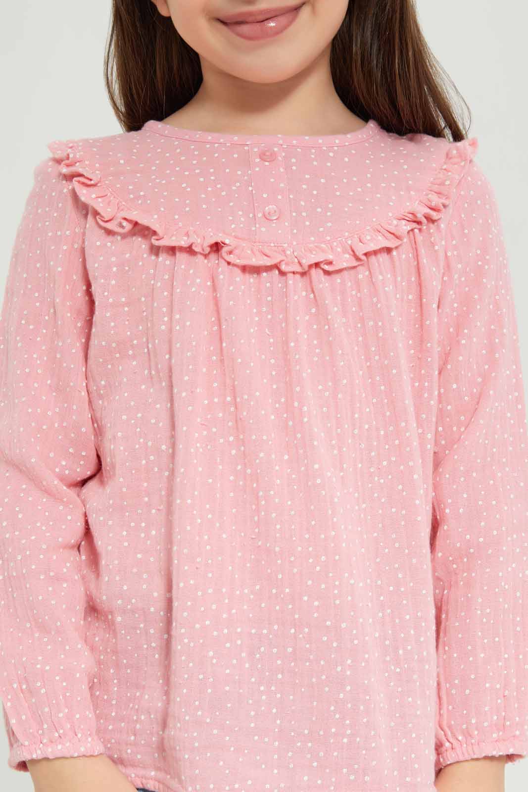 Redtag-Girls-Ls-Ruffle-Blouse---Dark-Pink-Spot-Category:Blouses,-Colour:Apricot,-Deals:New-In,-Dept:Girls,-Filter:Girls-(2-to-8-Yrs),-GIR-Blouses,-New-In-GIR-APL,-Non-Sale,-S23A,-Section:Girls-(0-to-14Yrs)-Girls-
